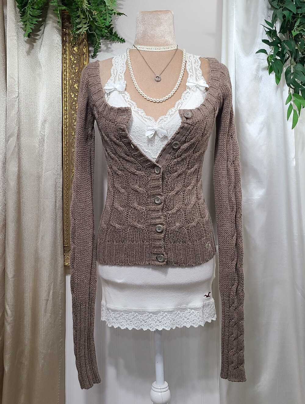 ♡ Y2K ♡ Abercrombie Brown Babydoll Sweater Cableknit Rabbit Hair Cardigan